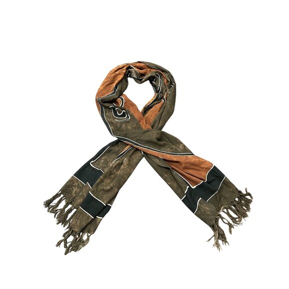 Handmade Blue Hand Rayon Scarf Brown Green Batik Pattern From Bali Indonesia - Picture 2 of 8